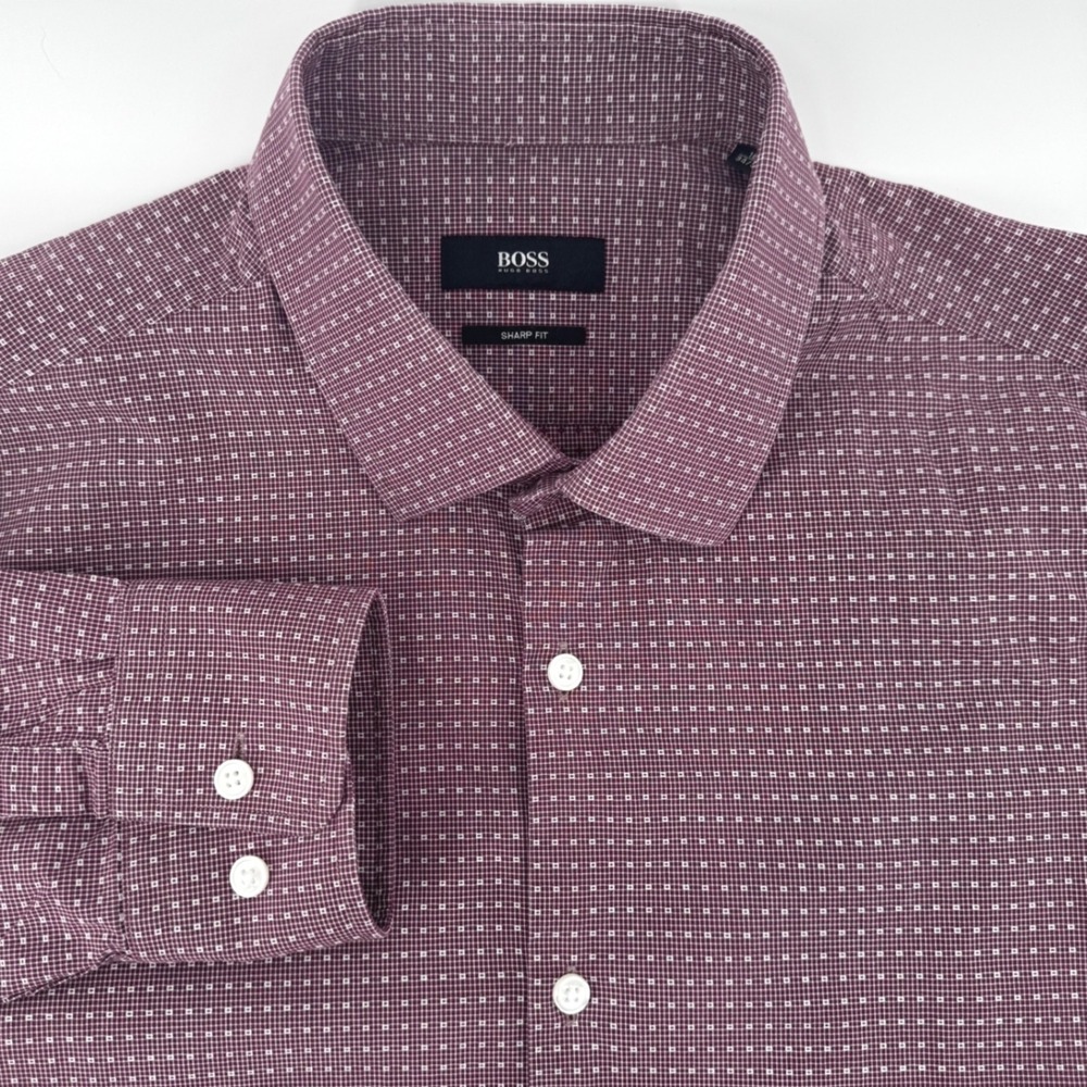 Hugo Boss Sharp Fit Dress Shirt Mens 16L Burgundy Micro Grid Pattern Long Sleeve